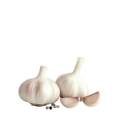 Two fresh whole garlic bulbs and cloves with peppercorns isolated on transparent background