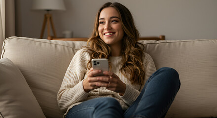Smiling young woman relaxing on sofa and using smartphone at her apartment