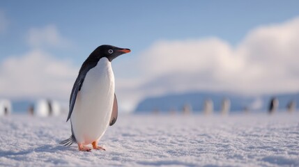 Obraz premium The majestic penguin standing gracefully on the snow-covered landscape.