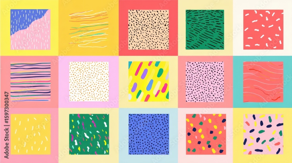 Poster a grid composed of 16 colorful abstract patterns features diverse designs with lines, dots, and shap