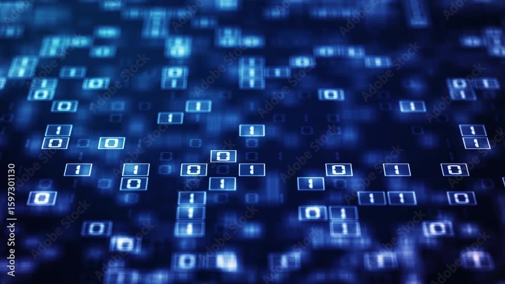 Poster abstract binary code data stream background in blue, symbolizing digital technology, cyber security,