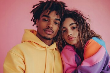 Romantic fashion studio portrait of a biracial young couple in love, posing in hoodies against a pink background, showcasing modern love and youthful fashion, Generative AI