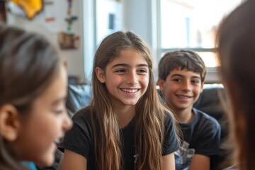 Obraz premium Youngsters happily chatting and enjoying time together in a cozy living room filled with warmth and laughter during a casual afternoon gathering