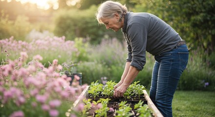 Fototapeta premium Elderly man gardening and planting seedlings in a flowering garden 