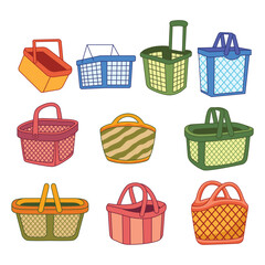 shopping basket set cartoon illustration