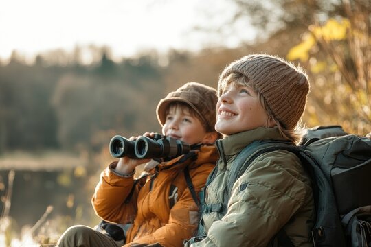 Portrait of a happy young man with Down syndrome, sitting outdoors with his mother, enjoying the natural surroundings and using binoculars to observe the view, Generative AI