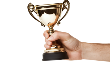 Human hand firmly holding a shiny golden trophy cup symbolizing victory and achievement isolated on white background