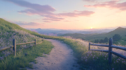 Pastoral Landscape at Sunset: Path, Hills, and Gentle Light