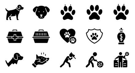 Collection of dog related icons conveying pet care, adoption, and animal services