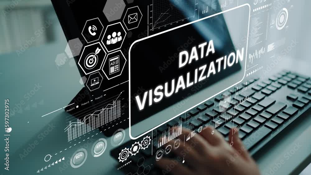 Poster advanced data visualization techniques with modern technology on a computer screen. asymptotic smart