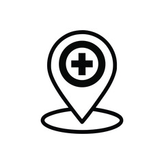 Map pin with medical cross symbol isolated on white background