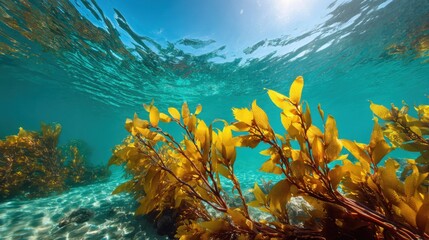 Colorful kelp sways gently beneath the water's surface, illuminated by sunlight. The clear blue water reveals sandy seabed, creating a serene underwater landscape.