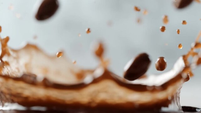 Coffee Bean Splash: Witness the vibrant splash of rich, dark coffee colliding with whole coffee beans in this artistic and detailed photo, a true celebration of the simple, yet profound.