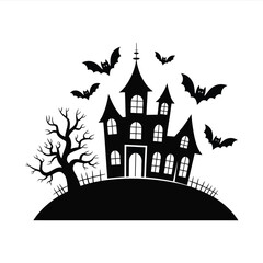 Spooky haunted mansion silhouette with bats and dead tree