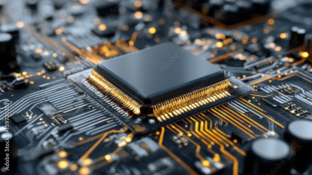 Poster a microchip is prominently displayed on a circuit board with illuminated pathways highlighting its d