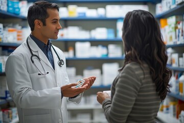 Pharmaceutical sales representative engaging with a doctor in a medical building, presenting new medication and discussing treatment options, Generative AI