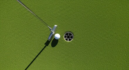 Obraz premium Golf ball near hole with putter on green grass 