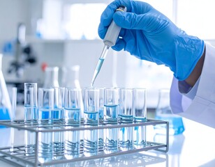 A close-up shot of a lab technician's gloved hands using a micropipette. They are transferring a clear liquid between test tubes in a sample rack. 
