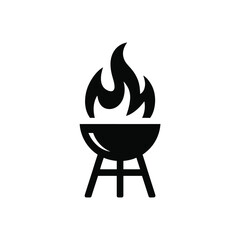 Black silhouette icon of a barbecue grill with flames