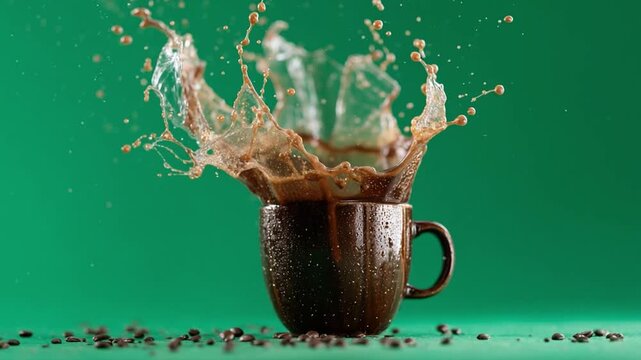 Coffee splash in the cup: a coffee cup is captured at the moment coffee splashes with coffee beans on the front.