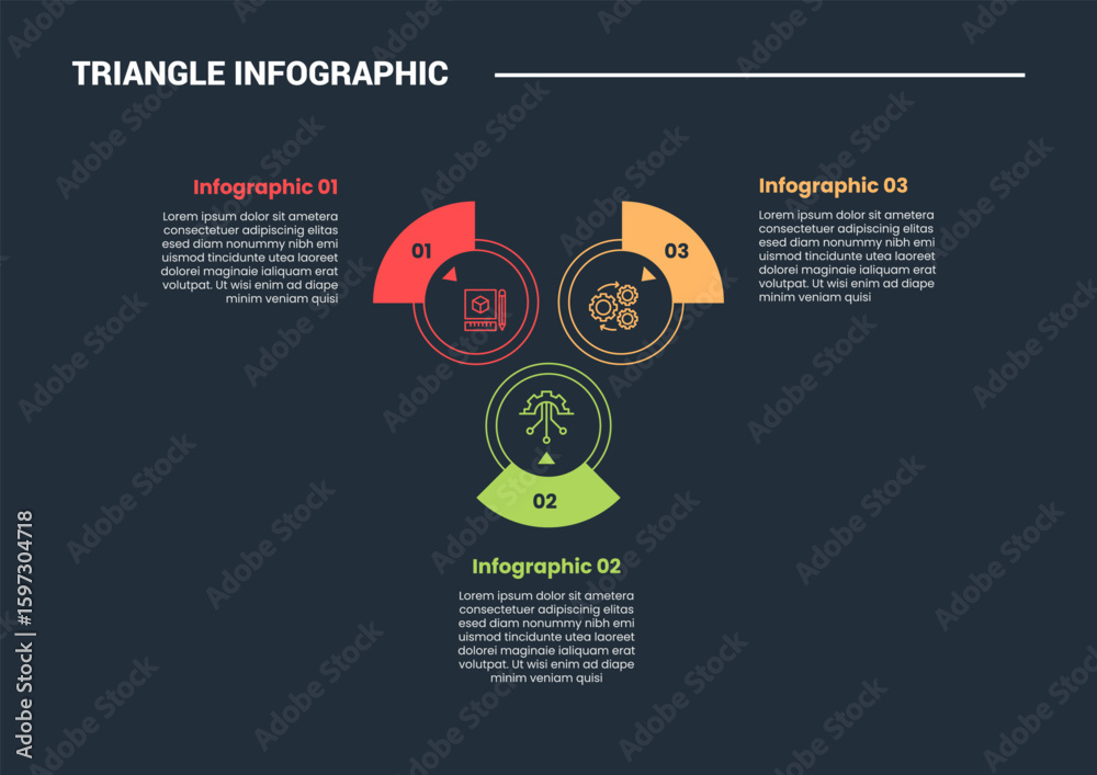 Poster triangle shape infographic process diagram with circle with double line and thick part side with 3 p