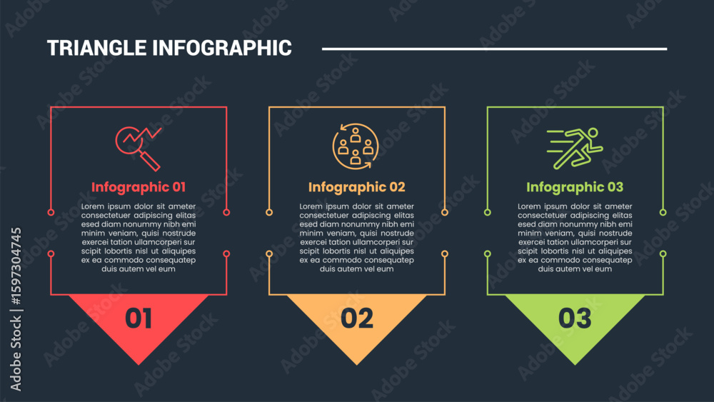 Aufkleber triangle shape infographic process diagram with box container with big arrow pointer bottom directio