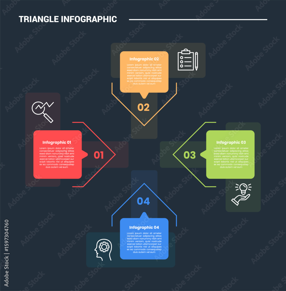 Poster triangle shape infographic process diagram with x shape center with callout discussion box with 4 po