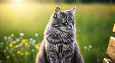Gray tabby cat portrait outdoors in summer sunshine on green grass background