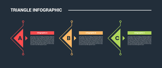 triangle shape infographic process diagram with arrow triangle pointer on horizontal direction with 3 points dark background bright outline style