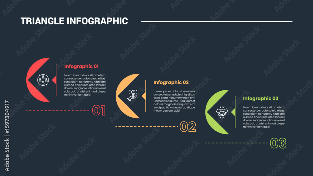 Poster triangle shape infographic process diagram with arrow triangle from circle cut step decrease with 3 