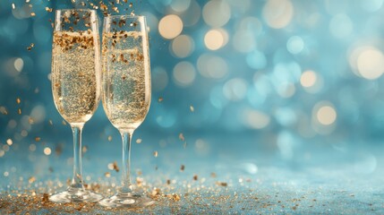Two elegant champagne flutes filled with bubbly drink are captured against a shimmering blue background. Golden confetti falls around, creating a joyful atmosphere perfect for celebration.