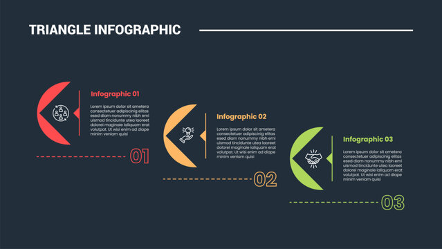 triangle shape infographic process diagram with arrow triangle from circle cut step decrease with 3 points dark background bright outline style