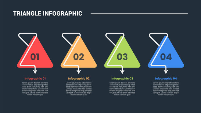triangle shape infographic process diagram with perfect pyramid with line arrow stick with bottom direction with 4 points dark background bright outline style