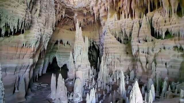 Inside the stunning underground cave, ancient rock formations of stalactites and stalagmites create a mesmerizing natural landscape, illuminated by a faint, high-quality horizontal video footage