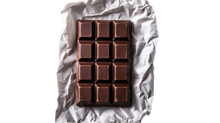 Delicious dark chocolate bar with rich cocoa texture and segmented squares isolated on white background
