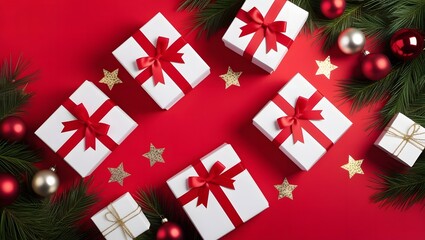 Christmas Gift Boxes with Red Bows and Ornaments on Festive Red Background