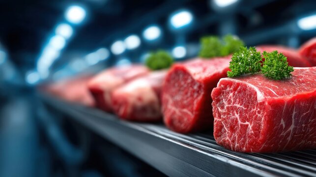 Raw beef cuts are arranged neatly on metal shelves in a well-organized butcher shop, showcasing vibrant colors and freshness under bright lights for customers to browse - Powered by Adobe