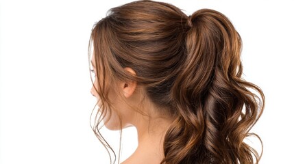 Obraz premium A woman is having her hair styled into a curly ponytail at a beauty salon. The bright lighting enhances the rich brown color of her hair, showcasing the curls and elegance.