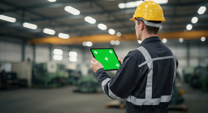 Factory Engineer Using Green Screen Tablet in Industrial Environment – Chroma Key Technology Footage