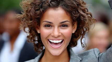 cheerful young woman with curly hair showcases her bright smile and optimism. She raises her hand in excitement while surrounded by a diverse group of blurred individuals on a sunny day