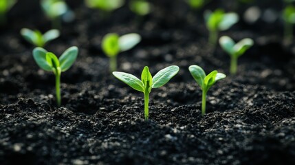Fototapeta premium Detailed Macro Texture of Dark Rich Fertile Soil with Sprouting Plants