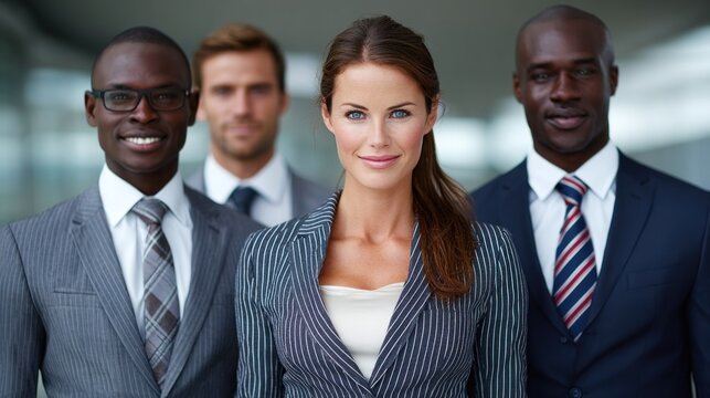 Professionals stand together in a sleek office environment, showcasing teamwork and unity. Smartly dressed, they exude confidence and readiness to tackle business challenges ahead - Powered by Adobe