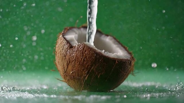 Coconut refreshment: Fresh, invigorating water pouring into a cracked coconut. A perfect depiction of pure refreshment. 