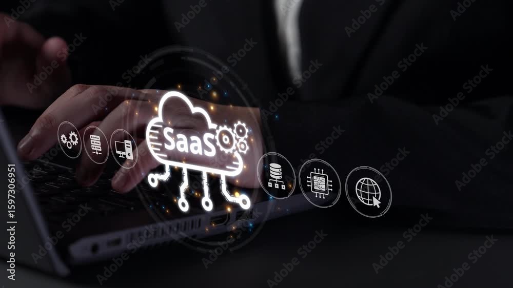 Poster visual representation of saas showing infrastructure, saas deployment, saas platform features, and s