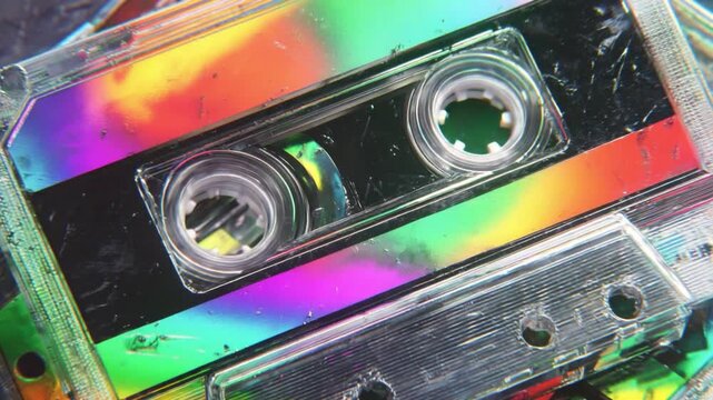 Retro Sound: A close-up of a retro audio cassette tape, featuring a vibrant rainbow effect. The clear plastic and colorful reflection create a striking visual. The essence of nostalgia
