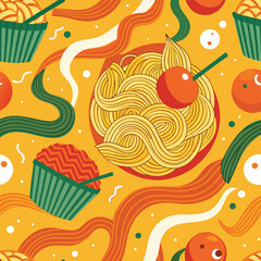 Noodle Ramen Pattern background. Pasta food texture spaghetti geometric. Abstarct ramen ornament. Flat vector illustartion. Wave texture background