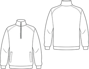 Quarter zip pullover sweatshirt flat sketch, front and back view, long sleeve, high neck, vector cad drawing, fashion design template © Akaza