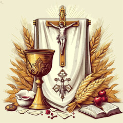 Meticulously detailed illustration of a religious emblem, featuring a crucifix, chalice, and wheat, conveying a sense of reverence and faith.