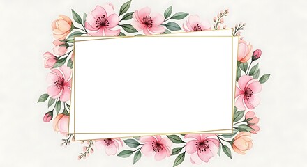Elegant floral frame with watercolor pink blossom flowers and gold border for wedding invitation