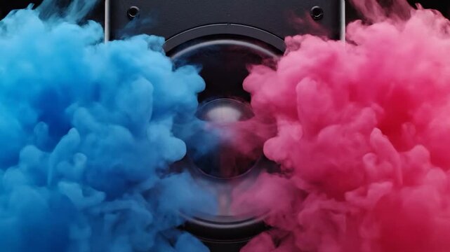 A powerful, high-energy visual of a large speaker pulsing to the beat of music against a black background. With each thump of the bass, vibrant clouds of color explode outward&mdash;blue on the left side.